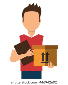 Courier delivering a box colorful cartoon, vector illustration eps10