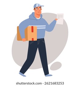 Courier delivering cardboard box. Delivery man with parcel. Online shopping worldwide, delivery service, shipping concept. Flat vector illustration