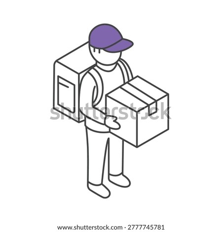 Courier delivering cardboard box package isometric line art. Isometric line icon of a courier wearing a purple cap and backpack carrying a sealed cardboard box package for home delivery service.