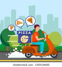 Courier Delivering Dinner to Suburbs Illustration. Delivery Man Driving Scooter on Road. Different Types of Pizza in Box. Courier Delivering Peperoni, Stagioni and Margarita. Trees, Bushes