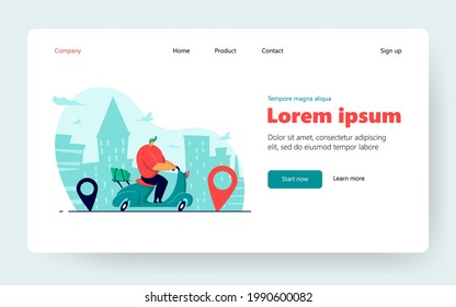 Courier delivering food order in city, riding scooter between map pointers, carrying package. Vector illustration for shipping service, transport, navigation concept