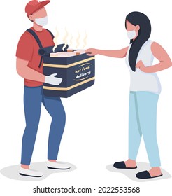 Courier delivering hot meals to client semi flat color vector characters. Full body people on white. Excellent service isolated modern cartoon style illustration for graphic design and animation