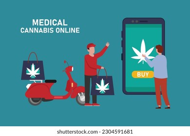 Courier delivering mobile app order cannabis online 2d vector illustration concept for banner, website, illustration, landing page, flyer, etc.