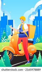 Courier delivering on a motorcycle with various plants and buildings in the background, vector illustration