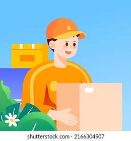 Courier delivering on a motorcycle with various plants and buildings in the background, vector illustration