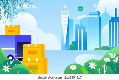 Courier delivering on a motorcycle with various plants and buildings in the background, vector illustration