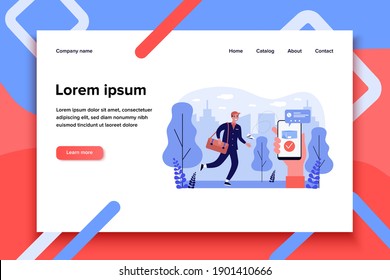 Courier delivering online order in city. Smartphone, parcel, box flat vector illustration. Delivery service and shipment concept for banner, website design or landing web page