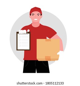 the courier was delivering the order box and carrying a notepad