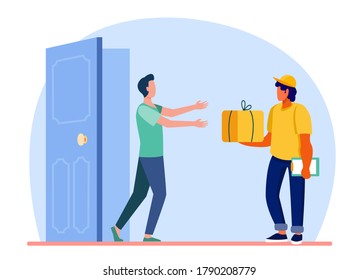 Courier delivering order to customer door. Man getting parcel, box, package flat vector illustration. Postman, shipping, service concept for banner, website design or landing web page