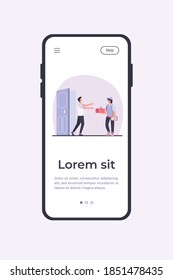 Courier delivering order to customer door. Man getting parcel, box, package flat vector illustration. Postman, shipping, service concept for banner, website design or landing web page