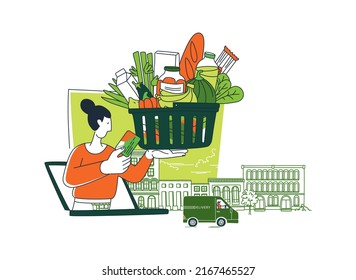 Courier delivering order from the grocery online shop. Vector illustration doodles, thin line art sketch style concept.