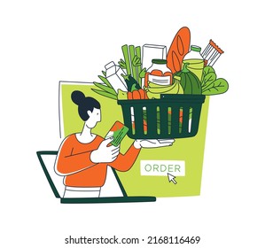 Courier delivering order from the grocery online shop. Vector illustration doodles, thin line art sketch style concept.