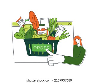 Courier delivering order from the grocery online shop. Vector illustration doodles, thin line art sketch style concept.