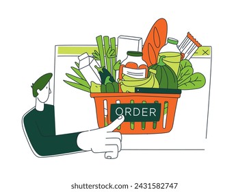 Courier delivering order from the grocery online shop. Vector illustration doodles, thin line art sketch style concept.