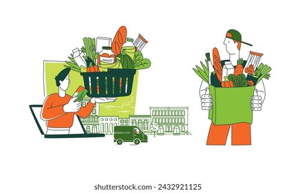 Courier delivering order from the grocery online shop. Vector illustration doodles, thin line art sketch style concept.