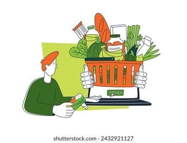 Courier delivering order from the grocery online shop. Vector illustration doodles, thin line art sketch style concept.