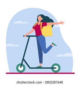 Courier delivering order. Happy young woman with box shaped backpack riding scooter flat vector illustration. Food delivery, service, transport concept for banner, website design or landing web page