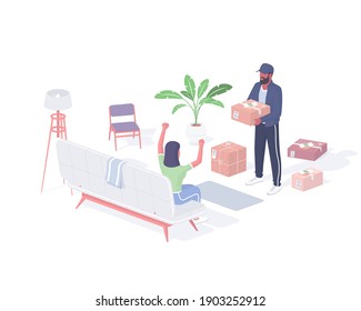 Courier delivering order home isometric illustration. Male character uniform stands with box in hands. Woman on couch delighted fast delivery. Quality logistics customer support realistic vector.