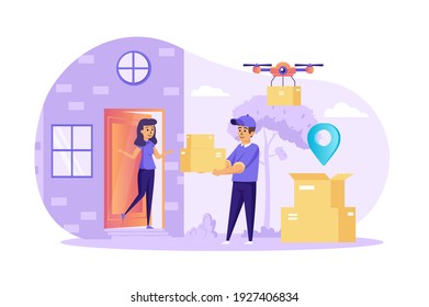 Courier delivering order to home scene. Quadcopter flying with parcel in cardboard package. Online shopping with fast delivery service concept. Vector illustration of people characters in flat design