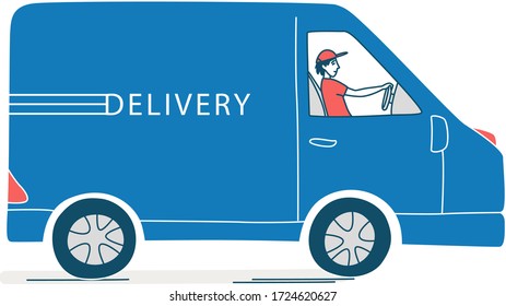Kurierarbeit. Bestellen Sie in einem Online-Shop, Lieferant mit dem Auto. Vector Illustrationsdoodles, Design-Konzept für eine dünne Linie