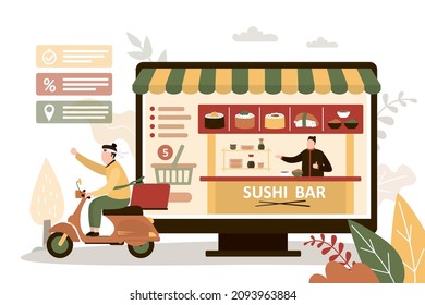 Courier delivering order from Sushi bar to client. Asian cafe website on computer screen. Man delivering traditional Japanese food on scooter. Online service for ordering dishes. Vector illustration