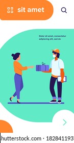 Courier delivering package to customer. Young woman receiving parcel flat vector illustration. Hand delivery, shipping service, online order concept for banner, website design or landing web page