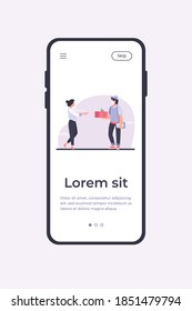 Courier delivering package to customer. Young woman receiving parcel flat vector illustration. Hand delivery, shipping service, online order concept for banner, website design or landing web page