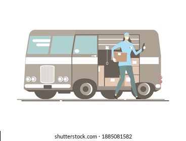 Courier Delivering The Package. Female Courier In A Protective Mask With A Package Next To A Delivery Truck. Flat Vector. No Gradients. One Layer.