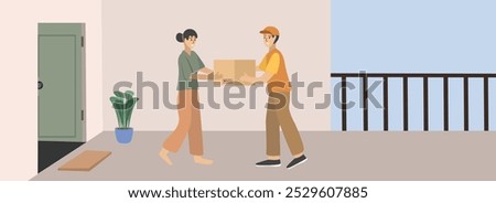 Courier delivering package. Front door delivery. People shopping online. Postman. Warehouse delivery service. Goods delivery service.