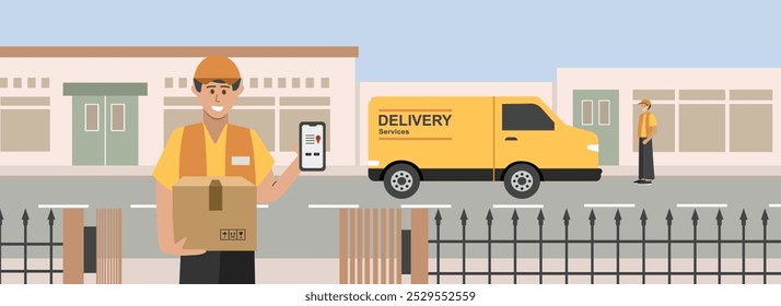 Courier delivering package. Courier in front of home. Delivery truck. Goods delivery services. Courier with package. Free delivery services.