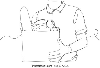 Courier delivering a package of groceries. Front view, waist up. Concept of home delivery, new professions during the pandemic. Continuous line vector illustration on white background