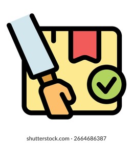 Kurierdienst, der das Paket mit einem Häkchen ausliefert, um eine erfolgreiche und geprüfte Auslieferung an den Empfänger zu gewährleisten
