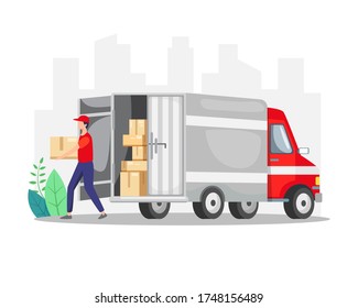 Courier entregando un paquete con camión. El mensajero de entrega contiene el paquete y el camión de entrega. Concepto de servicios de expedición de carga. Concepto de servicio de entrega, ecommerce. Vector de estilo plano