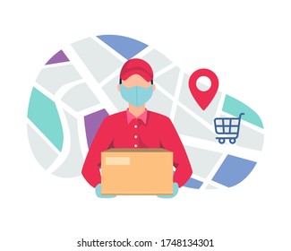 Courier delivering package using mask. Courier deliver packages safely during a pandemic. Home delivery services, Delivery of goods during the prevention of coronavirus. Vector in flat style