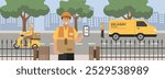 Courier delivering package vector illustration. Delivery van. Courier parcel. Goods delivery services. Package home delivery.