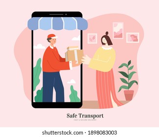Courier delivering packages to customers. Flat illustration suitable for safe delivery service or shipping strategy for online business.