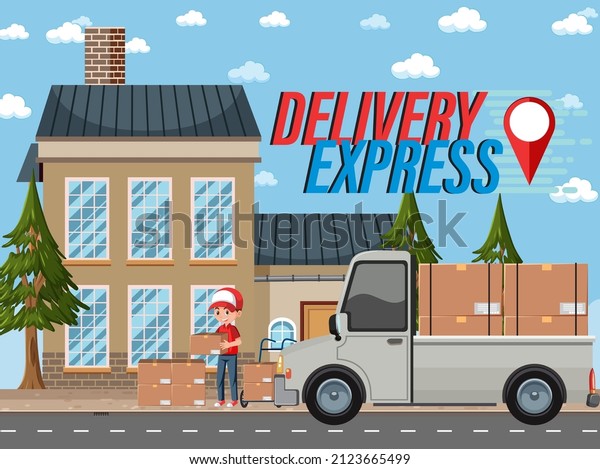 Courier delivering packages with deliver\
express banner\
illustration