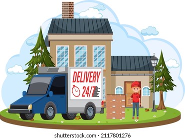 Courier entrega paquetes de pie delante de la ilustración de la casa