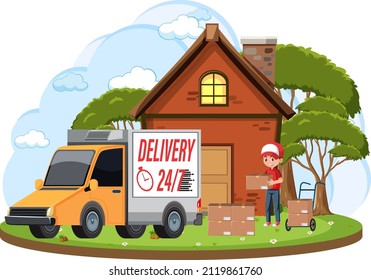 Courier delivering packages standing in front of house illustration