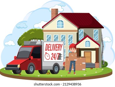 Courier delivering packages standing in front of house illustration