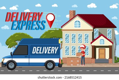 Courier entrega paquetes de pie delante de la ilustración de la casa