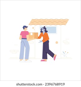 Courier delivering parcel to customer flat vector illustration. Delivery service concept.
