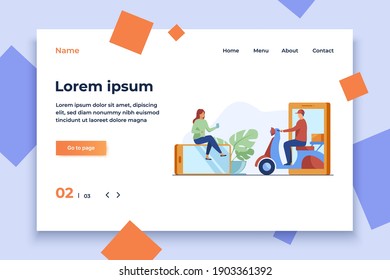 Courier delivering parcel to customer. Smartphone, scooter, box flat vector illustration. Shipping, online order, door delivery concept for banner, website design or landing web page
