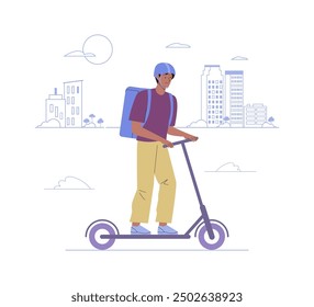 Courier delivering parcel riding electric scooter. Young man in helmet with delivery box on his back. Cartoon flat vector illustration with city on background