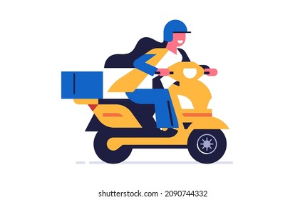 Courier delivering parcels on a motorcycle. Happy woman courier delivers boxes of parcels on a yellow motorcycle. Home delivery service. Flat vector illustration isolated on background