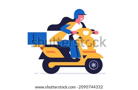 Courier delivering parcels on a motorcycle. Happy woman courier delivers boxes of parcels on a yellow motorcycle. Home delivery service. Flat vector illustration isolated on background