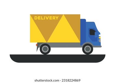 Courier delivering parcels using truck. Freight transportation services. Modern postal systems and regional parcel carriers. Vector flat illustration in blue and yellow colors