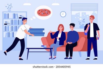 Courier delivering pizza to friends. Smiling deliveryman bringing order to happy people buying online to home. Good delivery service. Eating indoors. Flat cartoon vector illustration.