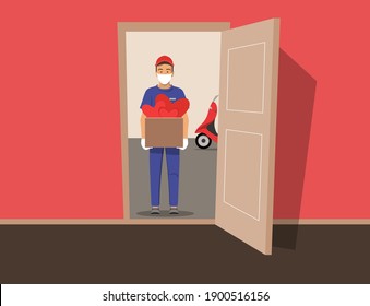 Courier delivering scooters gifts for International Women's Day or Valentine's Day. Delivery guy wearing a mask and gloves, handing box with hearts on doorway.Vector stock illustration.