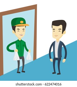 Courier delivering shopping order. Man receiving packages with groceries from delivery courier. Man delivering groceries to customer. Vector flat design illustration isolated on white background.
